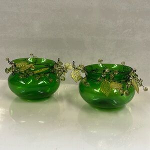 Vintage Green Glass Tealight Holders with Glass Leaf Accents